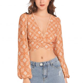 Women's Deep V-Neck Lantern Sleeve Crop Top